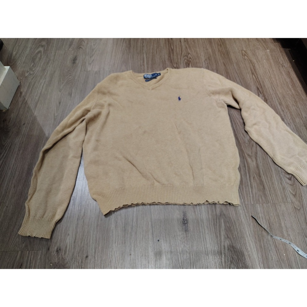Vintage Polo Ralph Lauren Mens XL Tan Camel Cotton V Neck Sweater Pony Logo